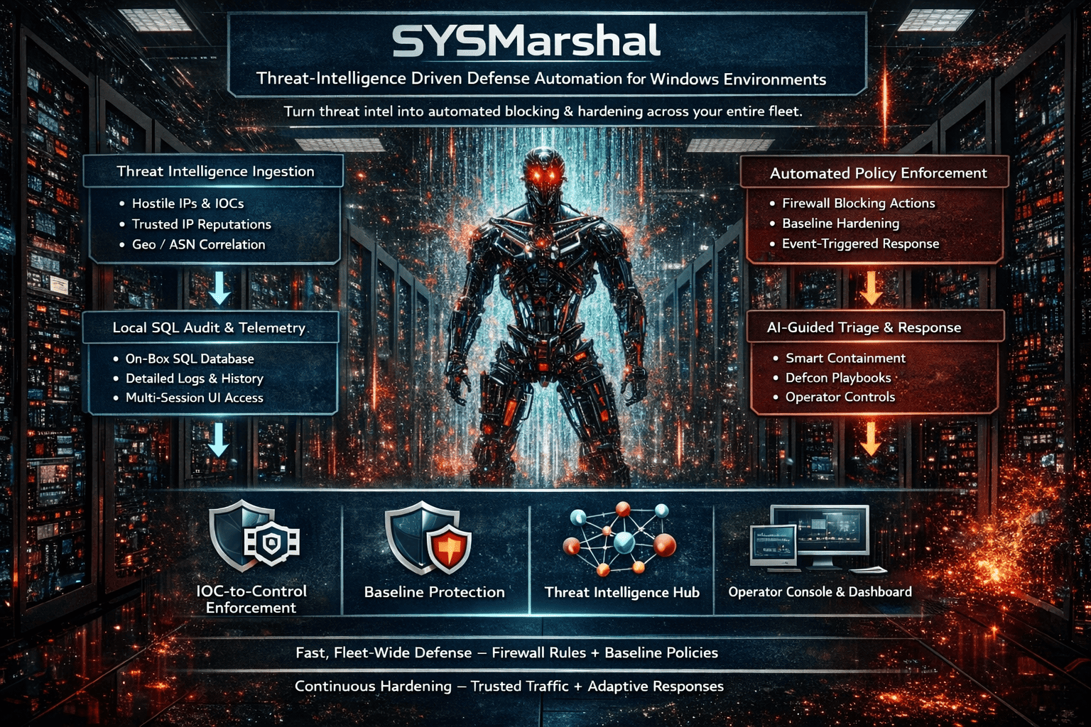 SYSMarshal threat-intelligence driven defense automation for Windows environments — threat intel ingestion, local SQL audit and telemetry, automated policy enforcement and AI-guided triage and response